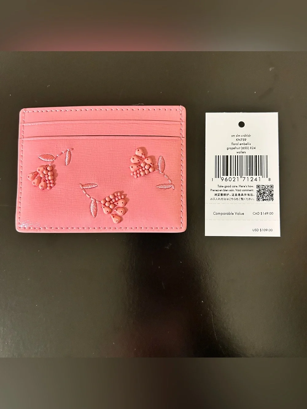 Kate Spade Pink Beaded Floral Small Slim Card Holder MSRP $109
